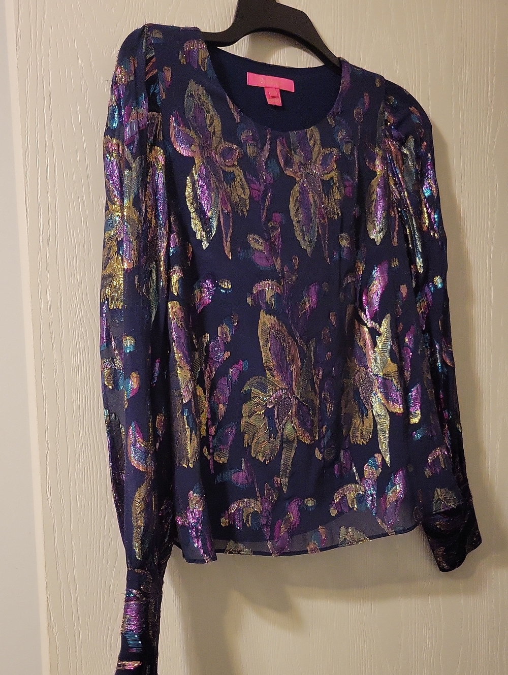 Lilly Pulitzer Navy Metallic Floral Long-Sleeve Top With Zipper Cuffs